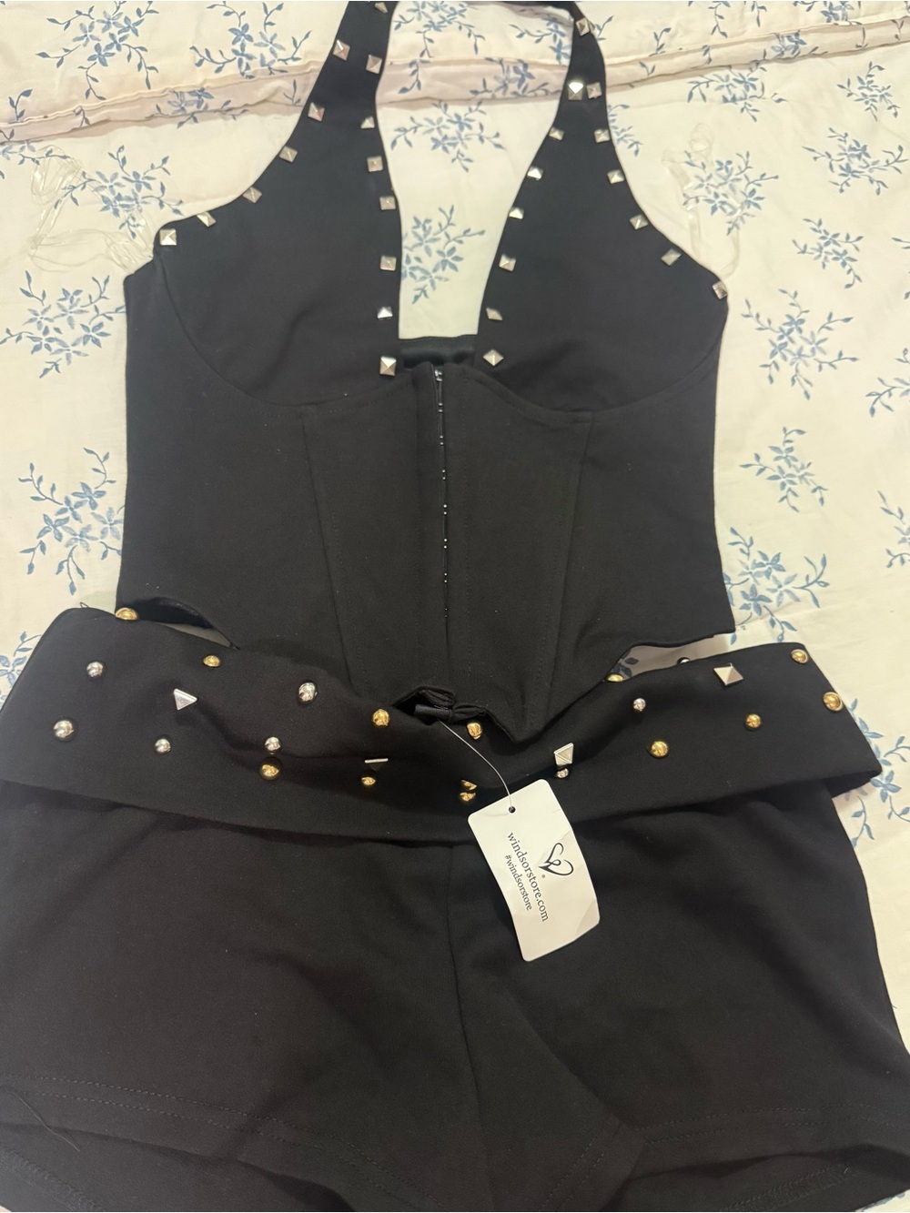 Windsor Black Studded Halter Crop Top and shorts set ( sold separately online )